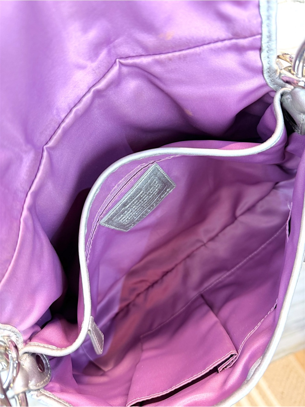 Coach Soho Purple Gray Op Art Satin Shoulder Bag Silver Buckle Hobo Purse - Picture 11 of 12